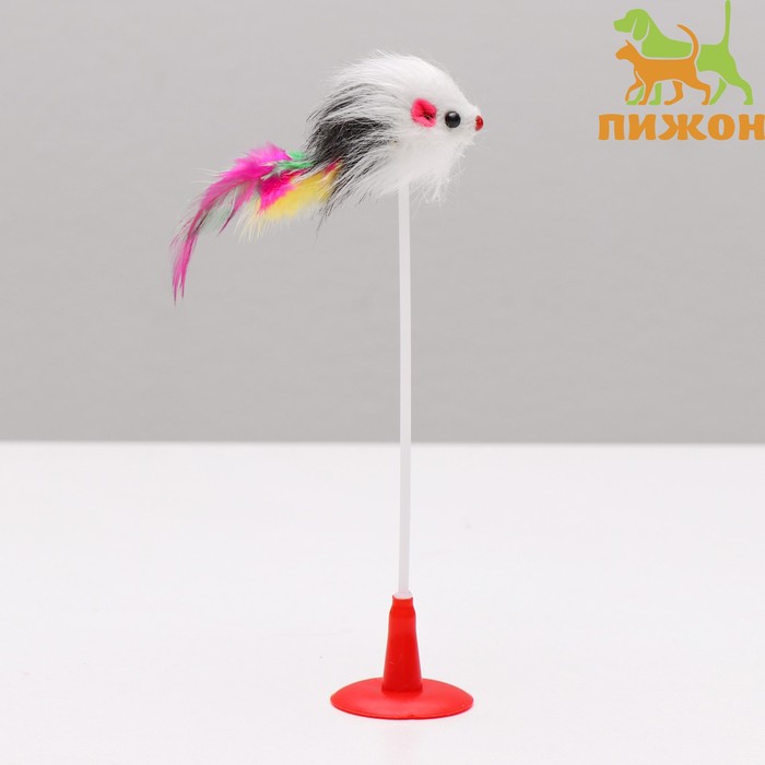 Дразнилка "Мышь на присоске", искусственный мех с перьями, 20 см, микс цветов - фото 797663859
