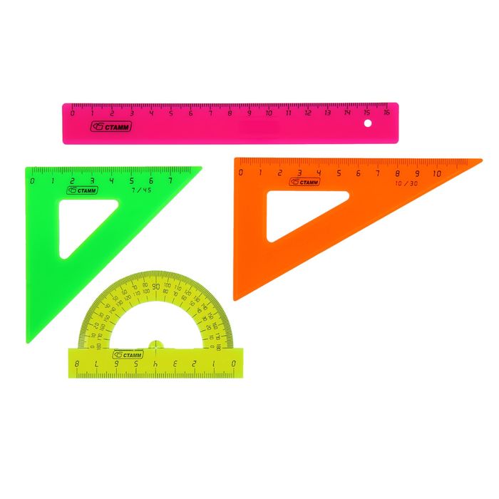 Набор геометрический малый: линейка 16 см, треугольник 7см 45*, треугольник 10 см 30*, транспортир 8см 180*. NEON