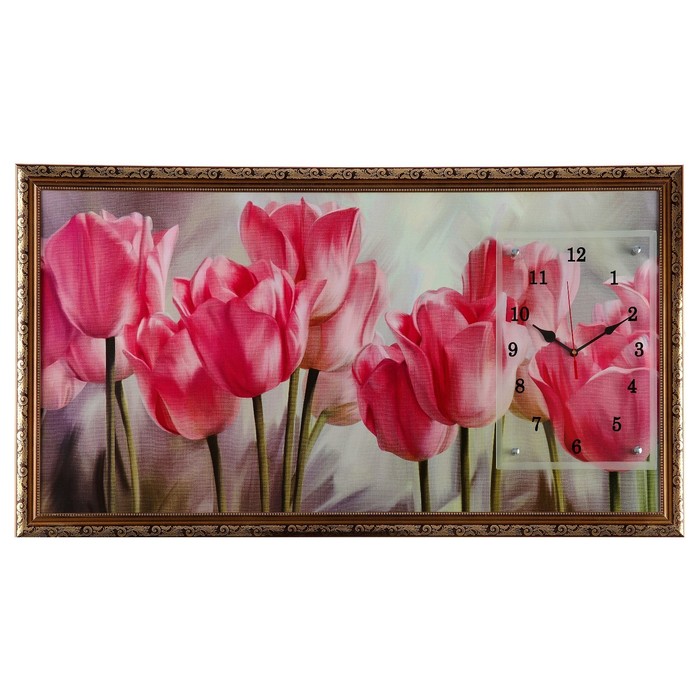 Часы-картина настенные, серия: Цветы, "Розовые тюльпаны", 50х100  см, микс
