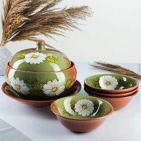 Набор посуды "Деревенский" 6 предметов: супница, блюдо, 4 миски, зеленая ромашка