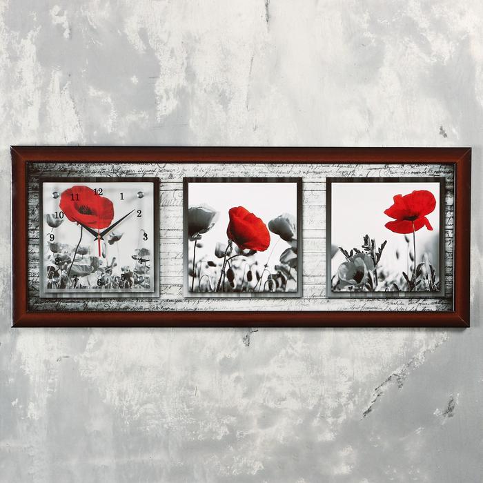 Часы-картина настенные, серия: Цветы, "Красный мак", 35 х 100 см, микс - фото 1431995