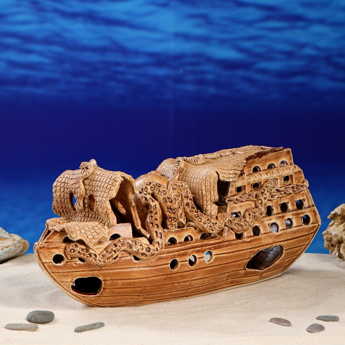 Декорация для аквариума "Корабль с осьминогом", 11 х 39 х 19 см