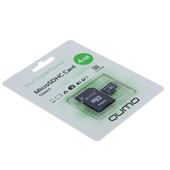 Карта памяти MicroSDHC Qumo, 4 GB, Сlass 4, с адаптером SD