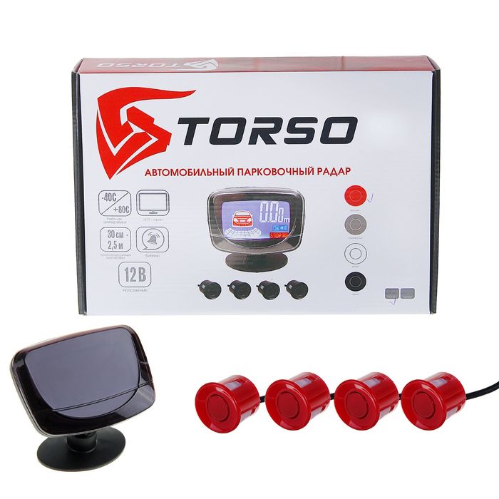 Парковочная система TORSO, 4 датчика, LСD-экран, биппер, 12 В, датчики красные
