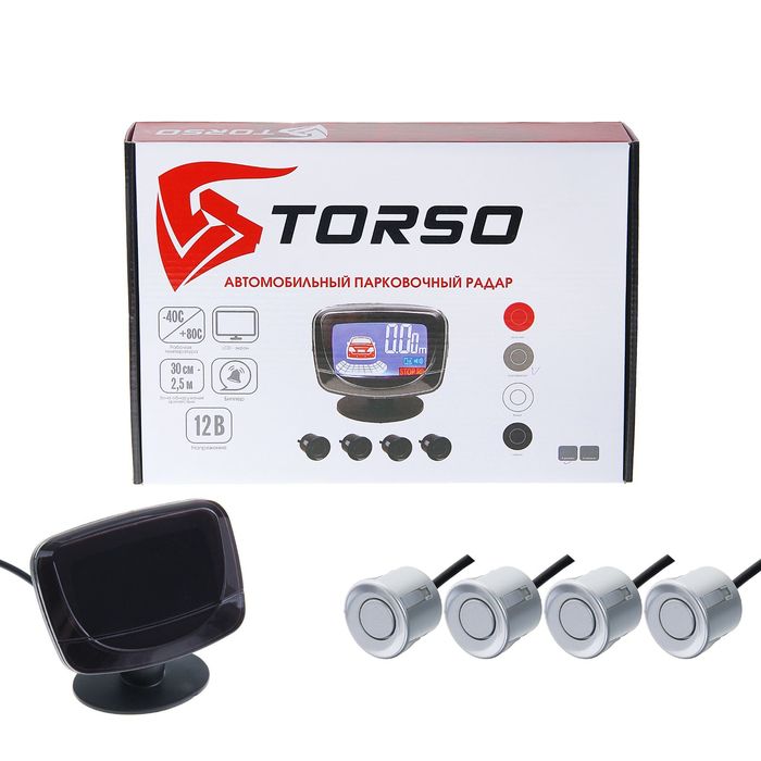 Парковочная система TORSO, 4 датчика, LСD-экран, биппер, 12 В, датчики серебристые