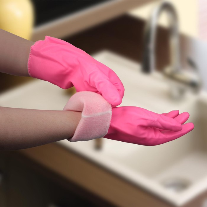 Перчатки хозяйственные резиновые Доляна, вельвет внутри , размер L, цвет розовый