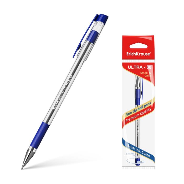 Ручка шариковая Erich Krause ULTRA-30, узел-игла 0.7 мм, чернила синие, резиновый упор, длина линии письма 2000 метров, 1 штука - фото 120054