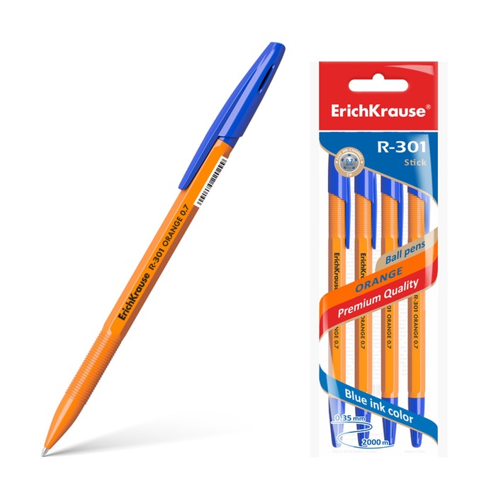 Набор ручек шариковых 4 штуки ErichKrause R-301 orange, узел 0.7 мм, чернила синие, длина линии письма 2000 метров, европодвес - фото 2166026