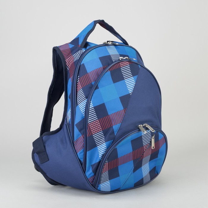 Рюкзак молодёжный на молнии &quot;Клетка&quot;, 2 отдела, 1 наружный карман, синий/голубой