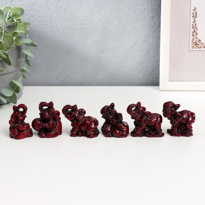 Нэцкэ "Слоны счастья" тёмно-красные набор 6 штук 4,5х3х4 см - фото 8286615