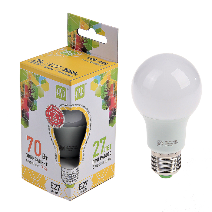 Лампа светодиодная ASD LED-A60-standard, Е27, 7 Вт, 230 В, 3000 К, 630 Лм