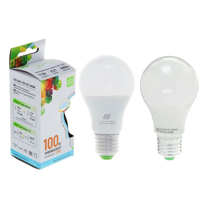 Лампа светодиодная ASD LED-A60-standard, Е27, 11 Вт, 230 В, 4000 К, 1050 Лм