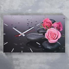 Часы-картина настенные, серия: Цветы, "Розы на серых камнях", 61х37  см, микс