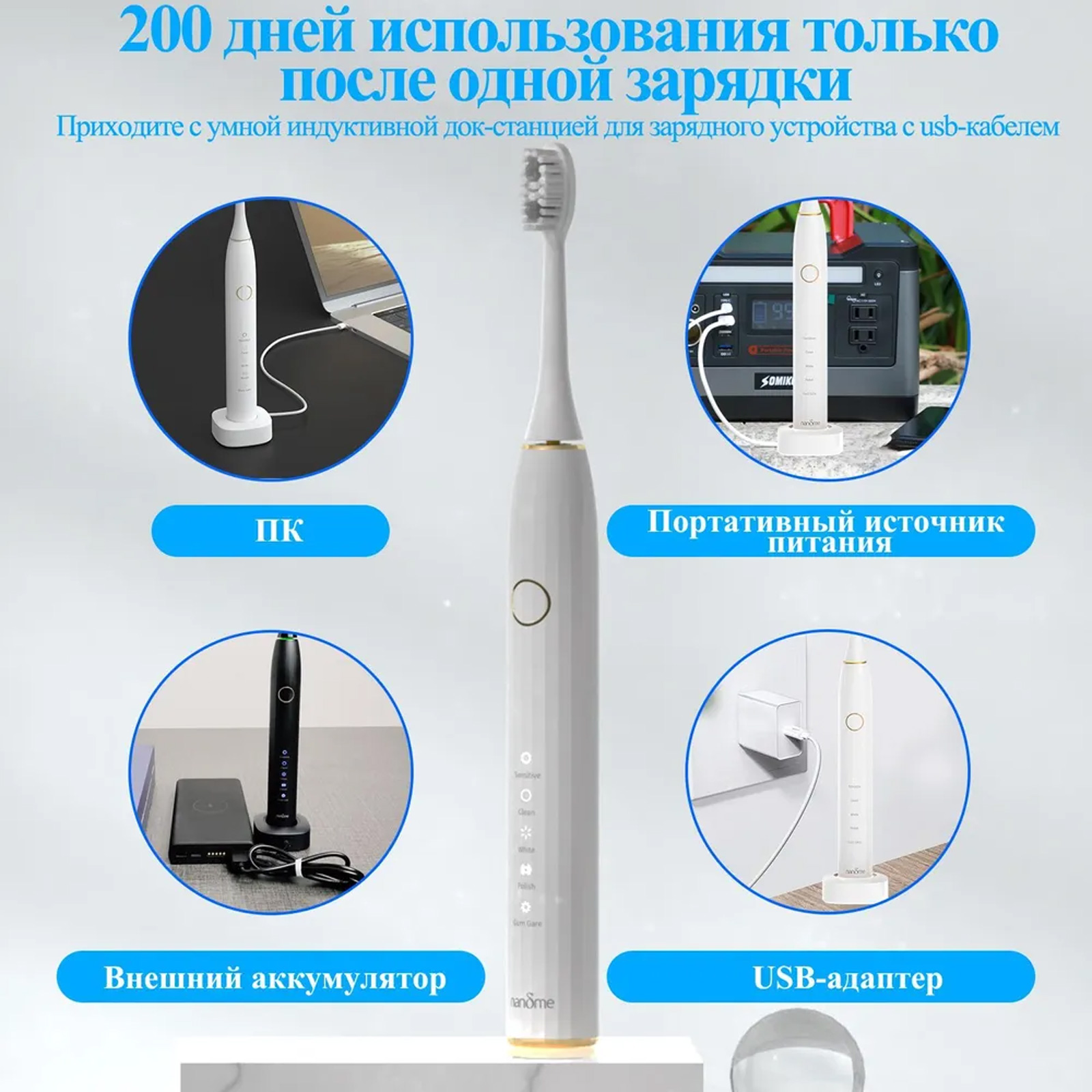 Зарядка от ПК, портативного источника питания, внешнего аккумулятора или USB-адаптера