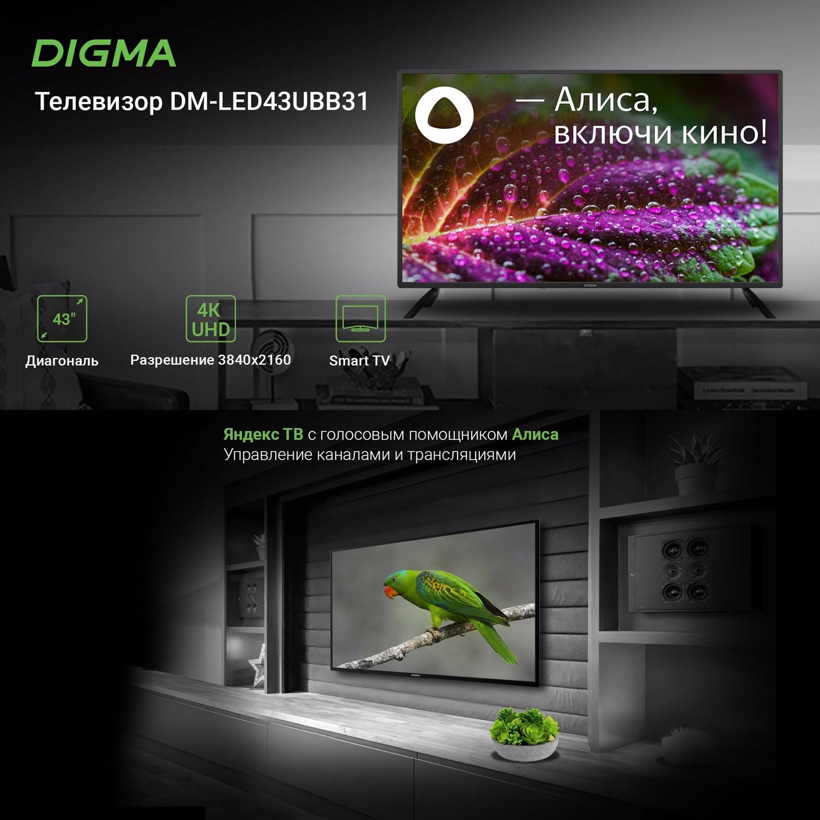 Телевизор Digma DM-LED43UBB31. Яндекс ТВ с голосовым помощником Алиса.
