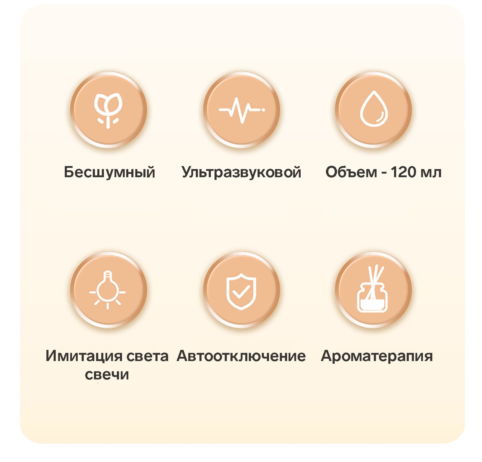 Характеристики: бесшумная работа, объем резервуара - 120 мл, имитация света свечи, автоотключение, ароматерапия, ультразвуковой