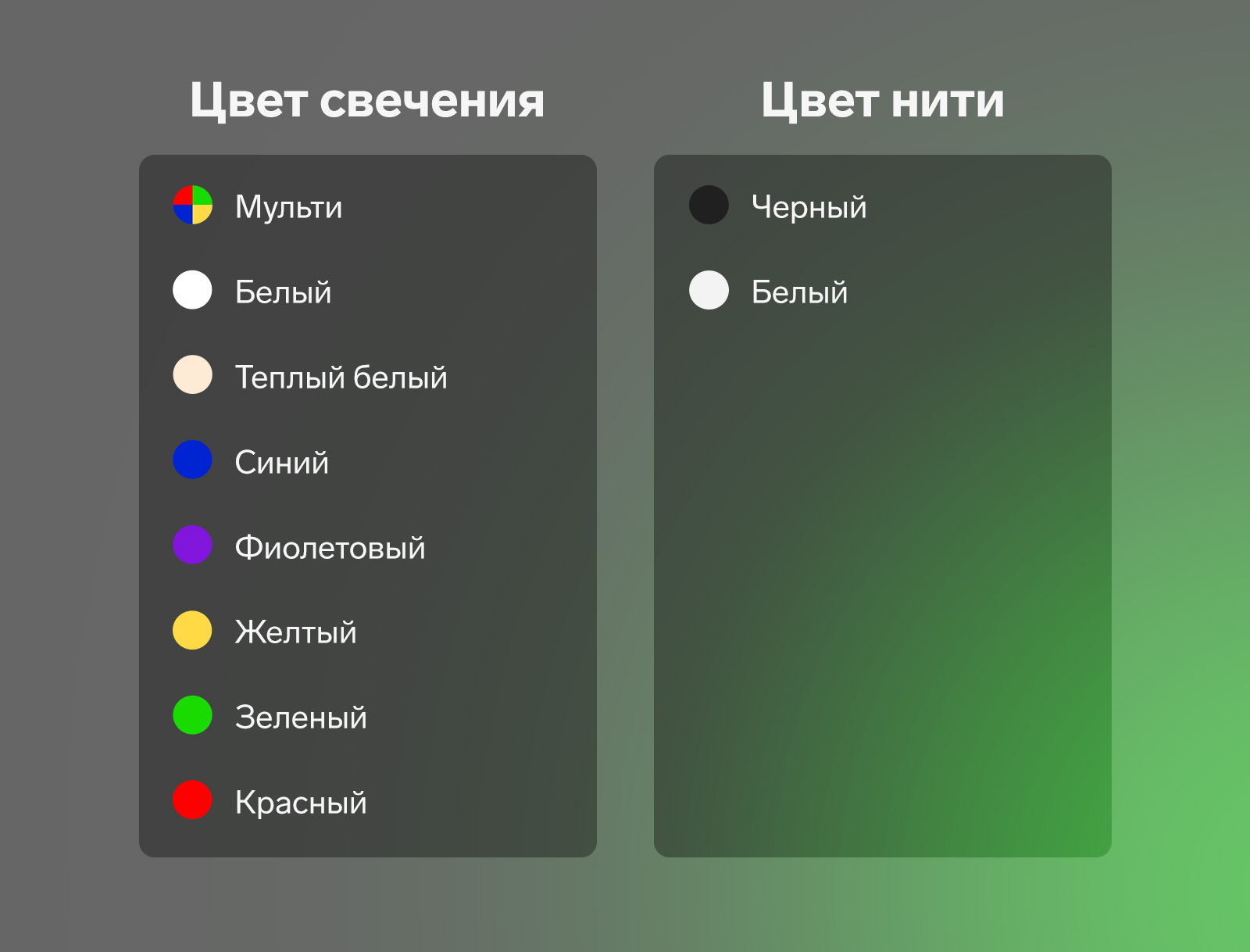 Цвета свечения: мульти, белый, тёплый белый, синий, фиолетовый, жёлтый, зеленый, красный. Цвета нити: черный, белый, прозрачный. УМС универсальная монтажная система