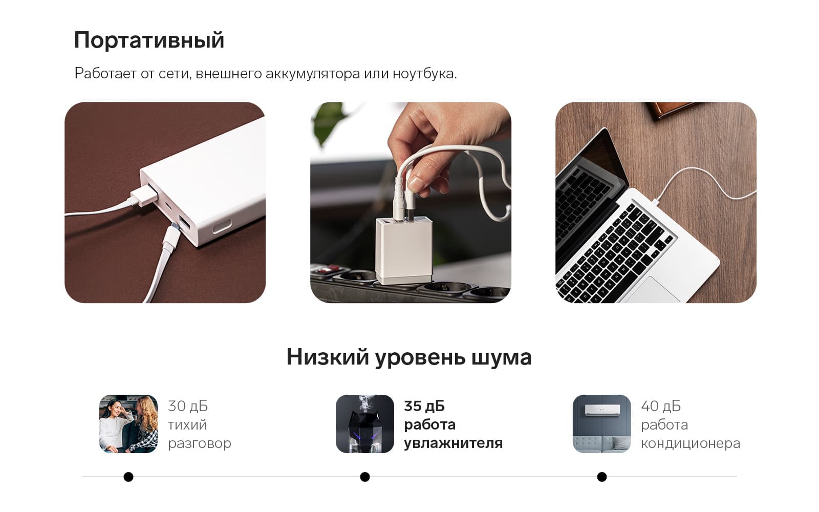 Увлажнитель работает от USB, что делает его удобным для использования вне дома. Уровень шума увлажнителя не превышает 35 дБ - это комфортный уровень шума, который не потревожит вас в повседневной жизни.