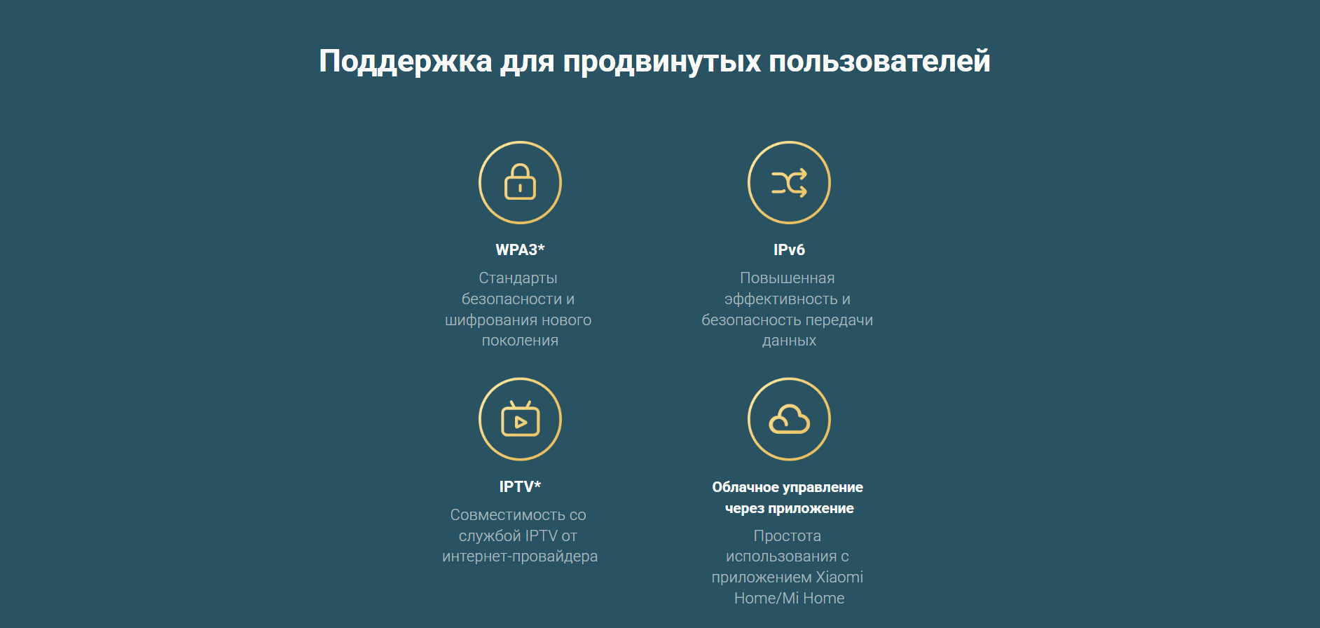 Поддержка для продвинутых пользователей: WPA3 - Стандарты безопасности и шифрования нового поколения; IPv6 - Повышенная эффективность и безопасность передачи данных; IPTV* - Совместимость со службой IPTV от интернет-провайдера; Облачное управление через приложение - Простота использования с приложением Xiaomi Home/Mi Home. 