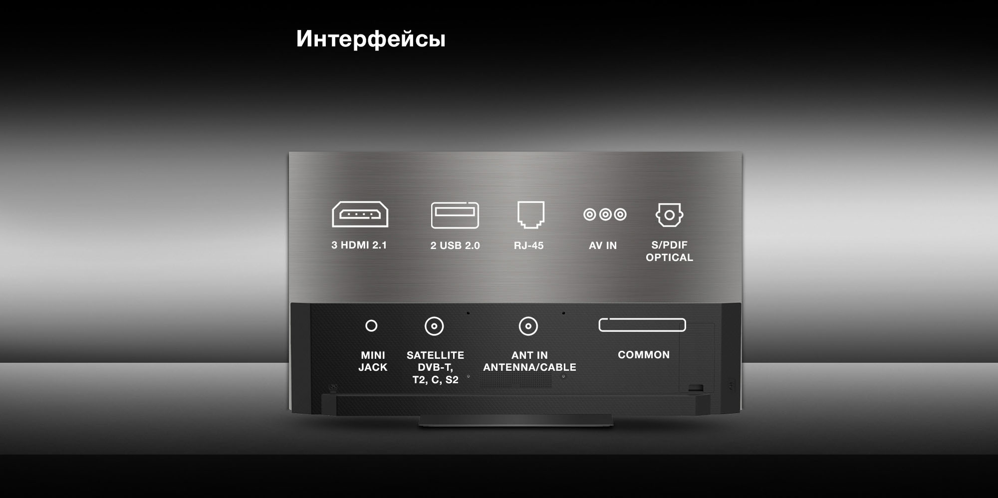 Интерфейсы 3xHDMI; 2xUSB 2.0; RJ-45; AV IN; S/PDIF OPTICAL; MINI JACK; SATELLITE DVB-T,T2,C,S2; ANT IN ANTENNA/CABLE; COMMON. 