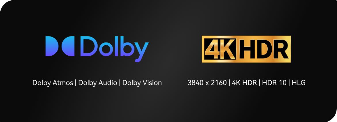 Dolby Atmos/Dolbt Audio/Dolby Vision. 3840x2160/4K HDR/HDR 10/HLG.