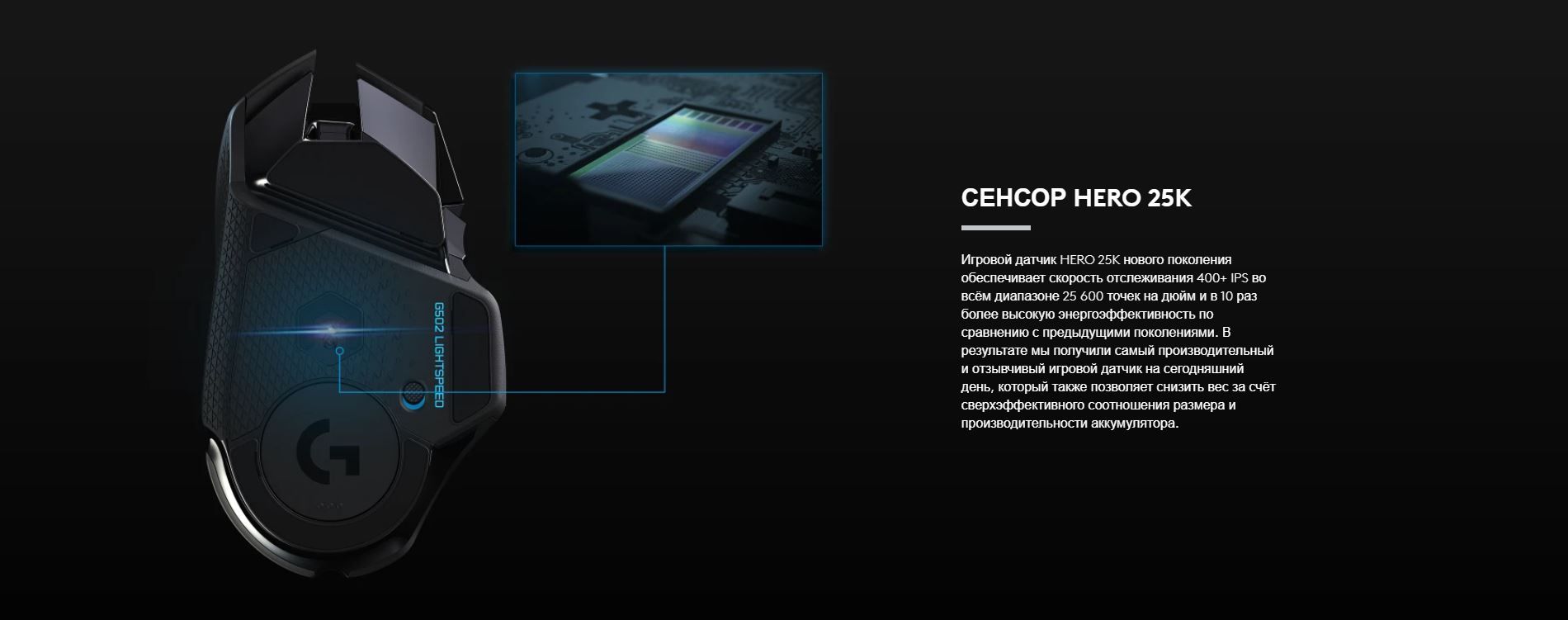 Сенсор HERO 25K. Игровой датчик HERO 25K нового поколения обеспечивает скорость отслеживания 400+ IPS во всём диапазоне 25 600 точек на дюйм и в 10 раз более высокую энергоэффективность по сравнению с предыдущими поколениями. В результате мы получили самый производительный и отзывчивый игровой датчик на сегодняшний день, который также позволяет снизить вес за счёт сверхэффективного соотношения размера и производительности аккумулятора.