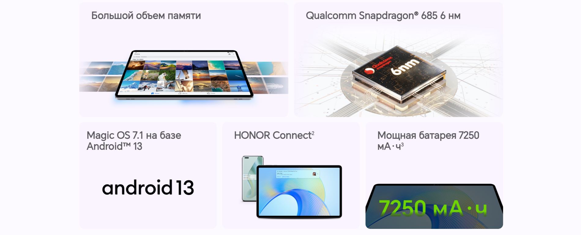 Большой объем памяти; Qualcomm Snapdragon 685 6 нм; Magic OS 7.1 на базе Android 13; HONOR Connect;Мощная батарея 7250 мАч