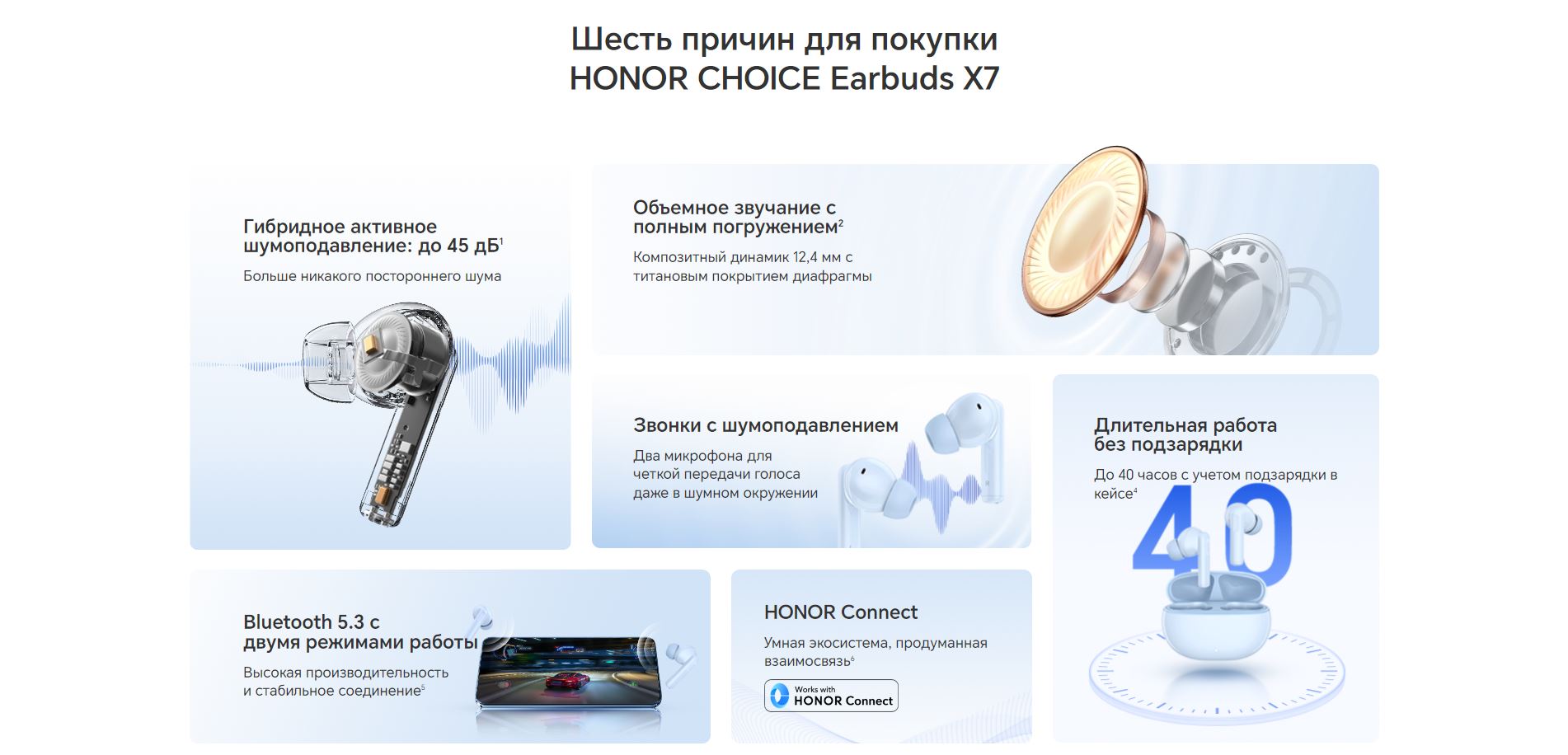 Шесть причин для покупки HONOR CHOICE Earbuds X7: Гибридное активное шумоподавление: до 45 дБ - Больше никакого постороннего шума; Объемное звучание с полным погружением - Композитный динамик 12,4 мм с титановым покрытием диафрагмы; Звонки с шумоподавлением - Два микрофона для четкой передачи голоса даже в шумном окружении; Длительная работа без подзарядки - До 40 часов с учетом подзарядки в кейсе; Наушники HONOR CHOICE Earbuds X7 - Bluetooth 5.3 с двумя режимами работы Bluetooth 5.3 с двумя режимами работы - Высокая производительность и стабильное соединение; HONOR Connect - Умная экосистема, продуманная взаимосвязь.