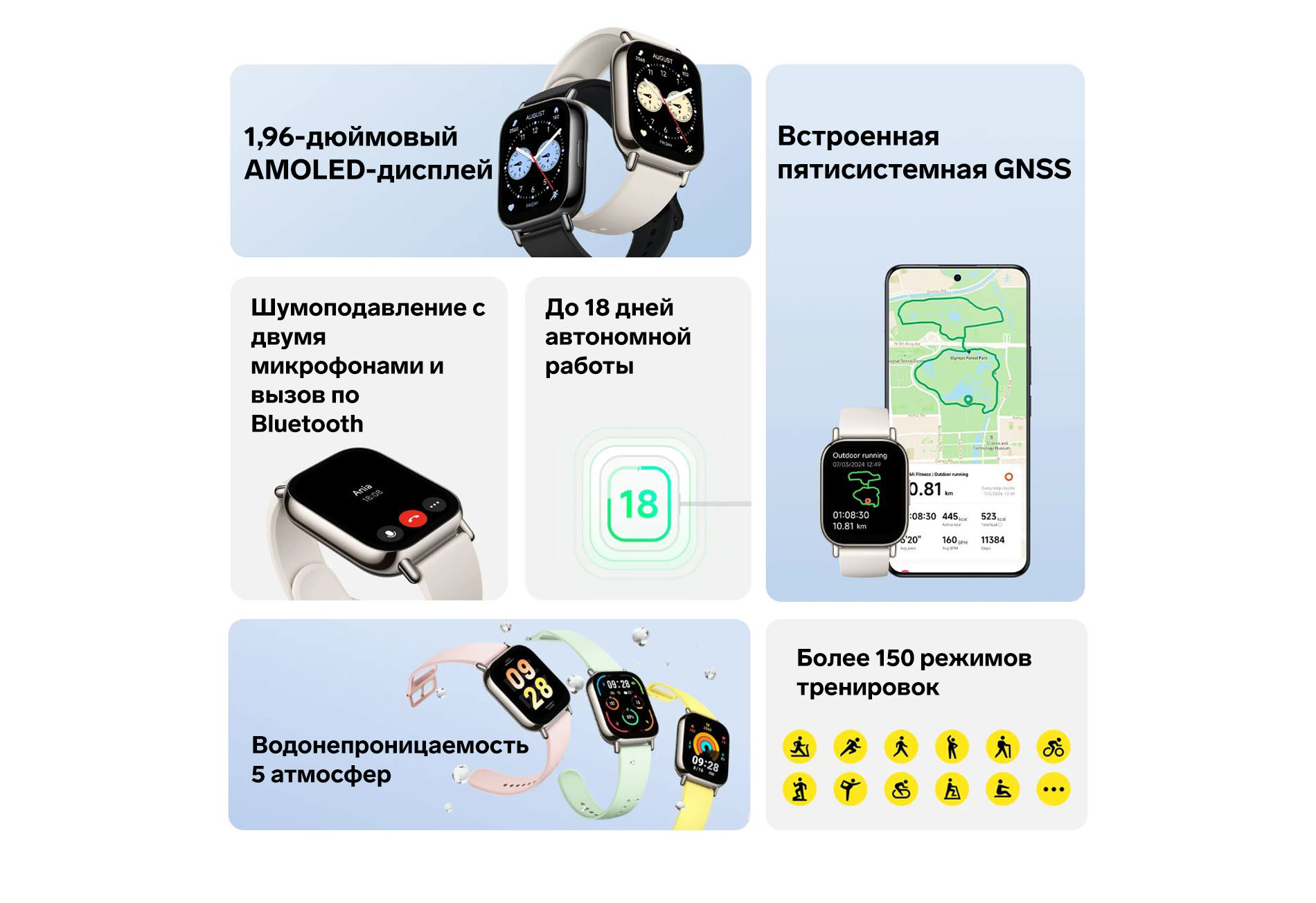 1,96 - дюймовый AMOLED - дисплей; Встроенная пятистемная GNSS; Шумоподавление с двумя микрофонами и вызов по Bluetooth; До 18 дней автономной работы; Водонепроницаемость 5 атмосфер; Более 150 режимов тренировок.