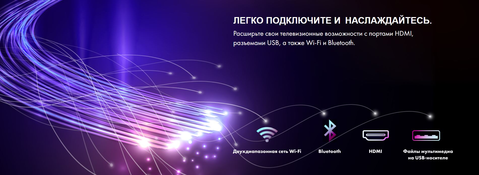 Легко подключите и наслаждайтесь. Расширьте свои телевизионные возможности с портами HDMI, разъемами USB, а также Wi-Fi и Bluetooth.