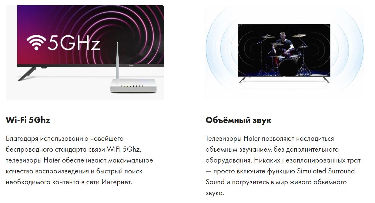 Wi-Fi 5Ghz - Благодаря использованию новейшего беспроводного стандарта связи WiFi 5Ghz, телевизоры Haier обеспечивают максимальное качество воспроизведения и быстрый поиск необходимого контента в сети Интернет. Объёмный звук - Телевизоры Haier позволяют насладиться объемным звучанием без дополнительного оборудования. Никаких незапланированных трат — просто включите функцию Simulated Surround Sound и погрузитесь в мир живого объемного звука.