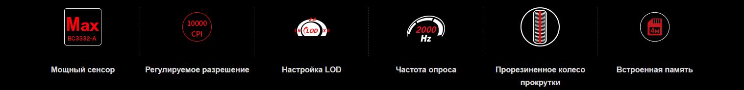 Мощный сенсор; Регулируемое разрешение; Настройка LOD; Частота опроса 2000 Гц; Прорезиненное колесо прокрутки; Встроенная память 4м.