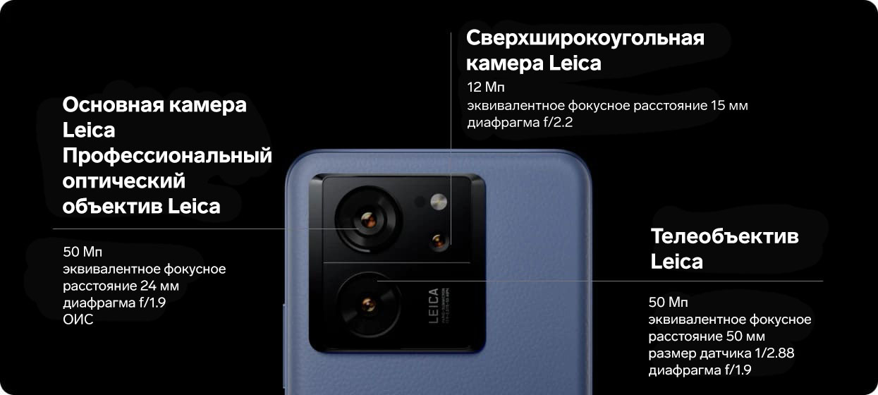 Сверхширокоугольная Leica 12 Мп эквивалентное фокусное расстояние 15 мм диафрагма f/2.2. Основная камера Leica Профессиональный оптический объектив Leica 50 Мп эквивалентное фокусное расстояние 24 мм диафрагма f/1.9 ОИС. Телеобъектив Leica 50 Мп эквивалентное фокусное расстояние 50 мм размер датчика 1/2.88 диафрагма f/1.9